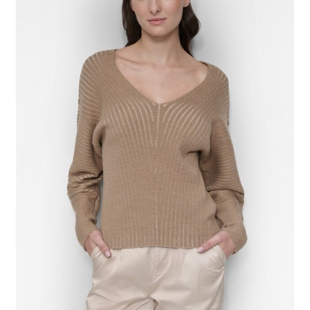 DKNY Women's V-Neck Long-Sleeve Rib-Knit Sweater Taupe Chino Khaki Size XL